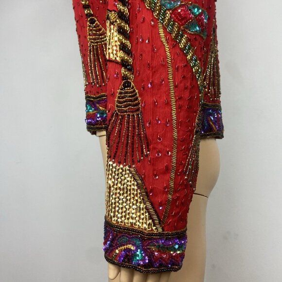 Vintage Laurence Kazar Heavy Beaded Silk Jacket Sz L Formal Tassel Blazer - Picture 7 of 12